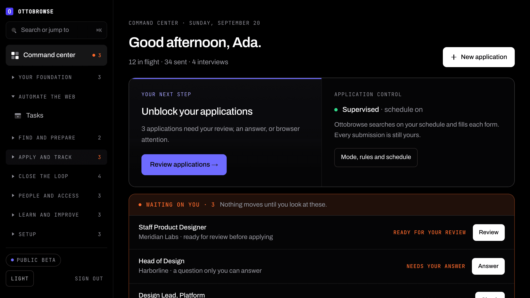 The Ottobrowse command center: one next step, three applications waiting on the candidate, and the sidebar open on Automate the web, where tasks live.