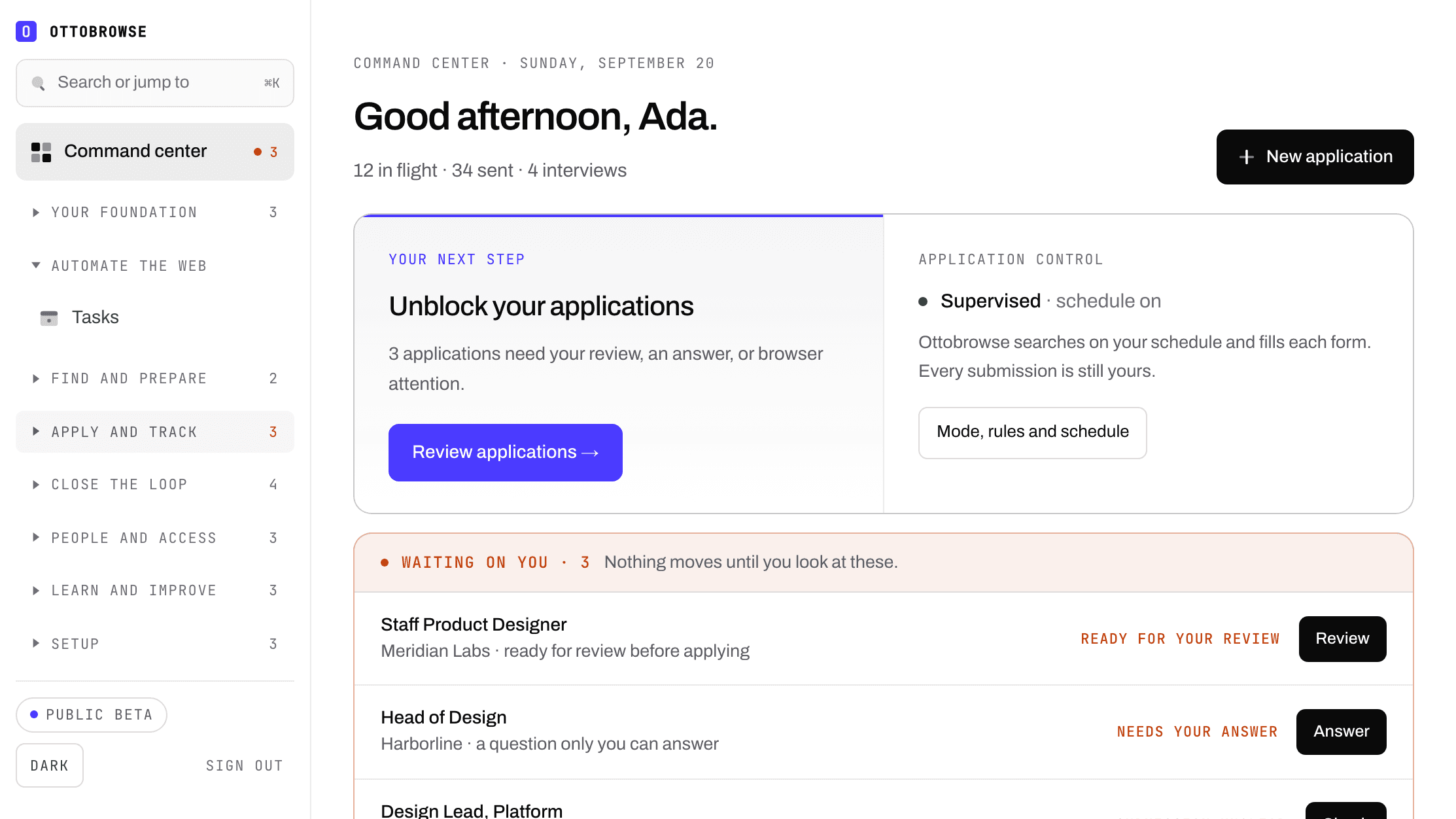 The Ottobrowse command center: one next step, three applications waiting on the candidate, and the sidebar open on Automate the web, where tasks live.